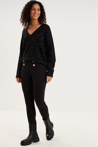 Pull droit &agrave; sequins et col en V noir femme