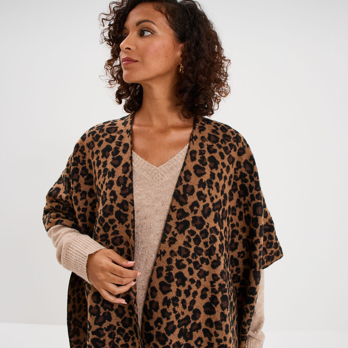 Poncho long &agrave; franges camel femme