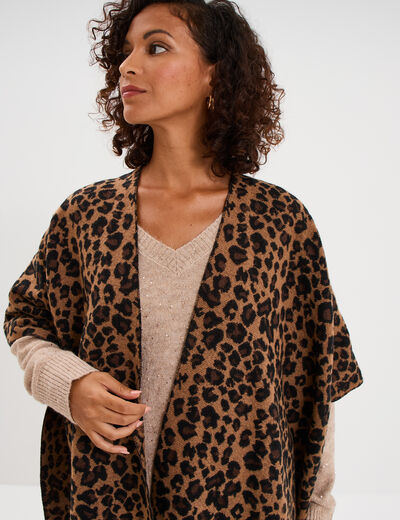 Poncho long &agrave; franges camel femme