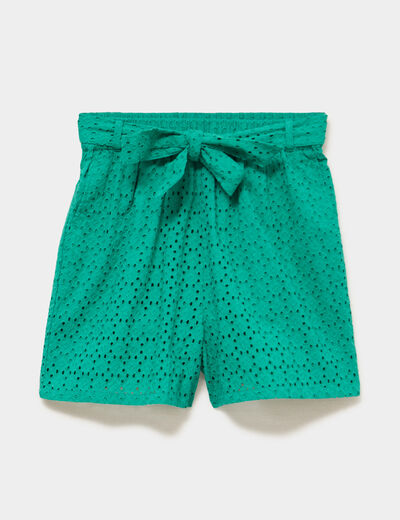 Short large broderie anglaise coton vert canard femme