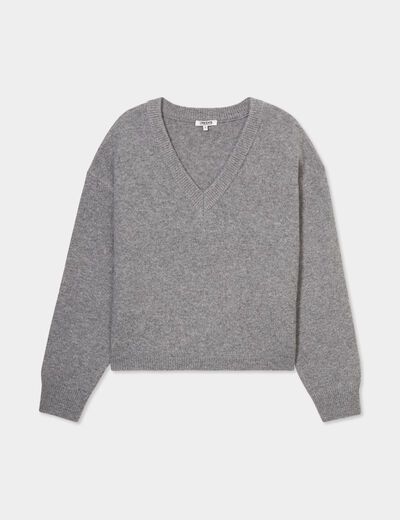 Pull col en V manches ballons gris femme