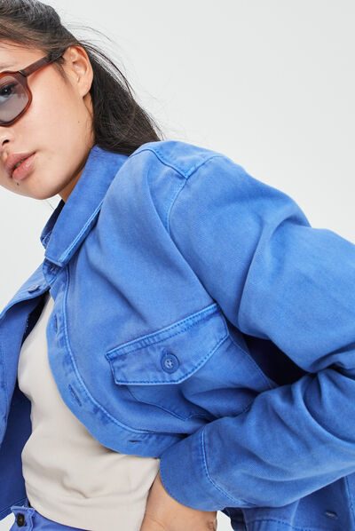 Surchemise cropped manches longues bleu electrique femme
