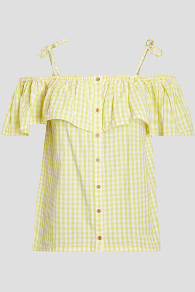 Chemise manches courtes col bardot jaune moutarde femme