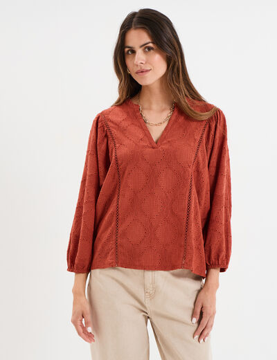 T-shirt ajouré manches 3/4 col en V vieux rose femme