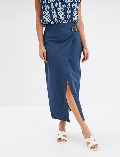 Jupe midi portefuille avec boucle bleu foncé femme