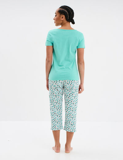 Ensemble pyjama corsaire 2 pièces coton bleu turquoise femme
