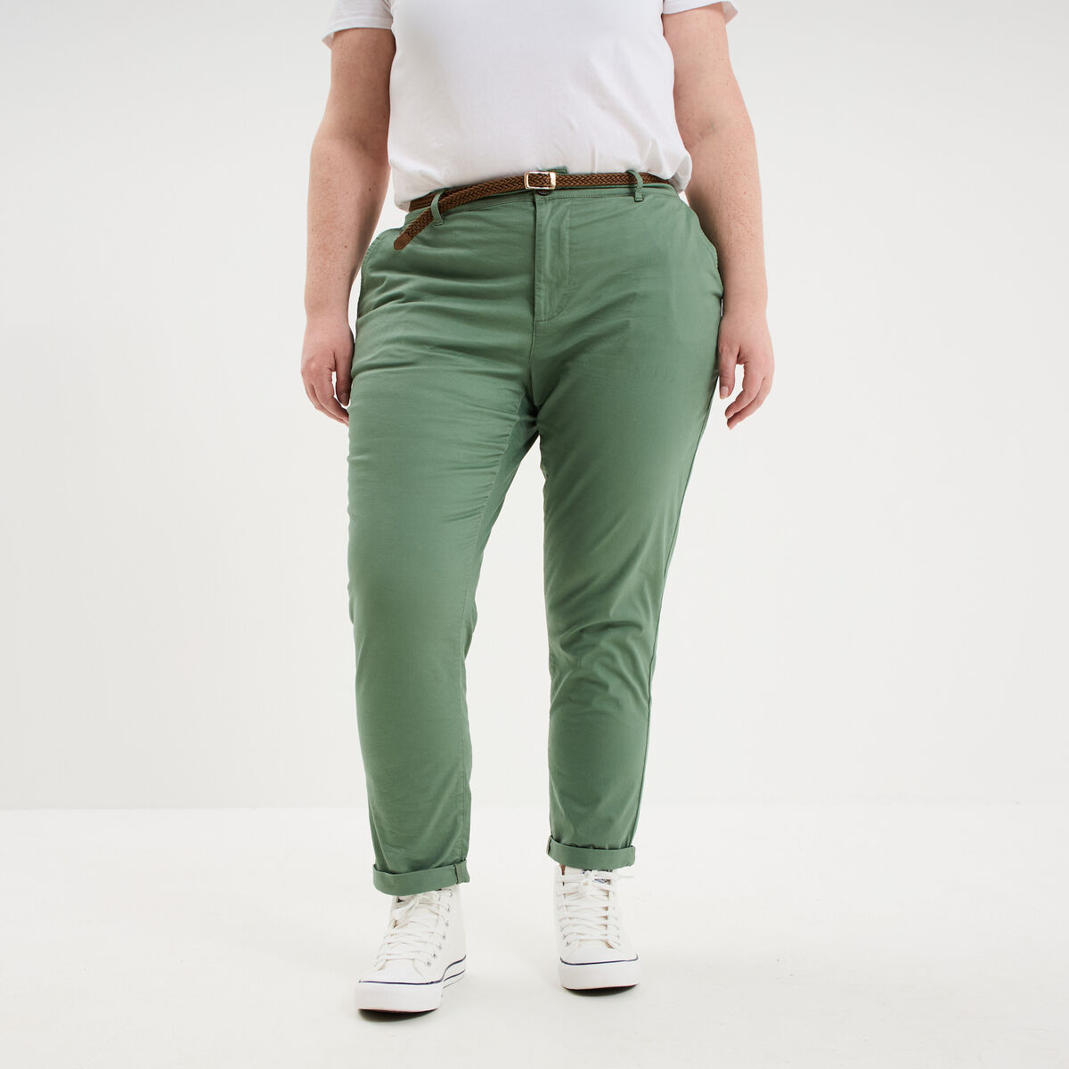 Pantalon chino taille haute coton vert kaki femme grande taille