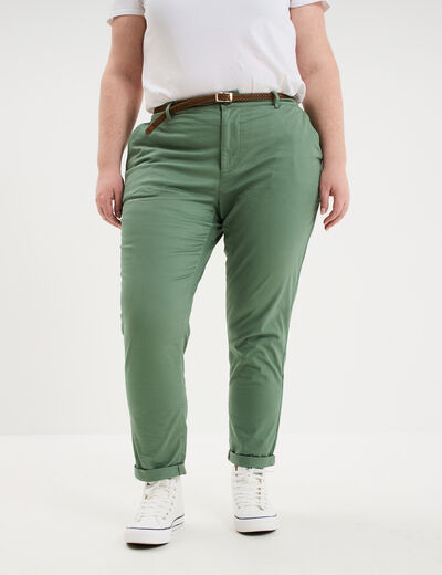 Pantalon chino taille haute coton vert kaki femme grande taille