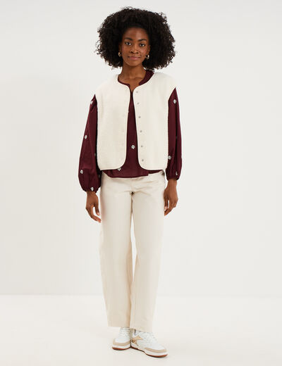 Blouse brod&eacute;e col tunisien coton violet fonc&eacute; femme