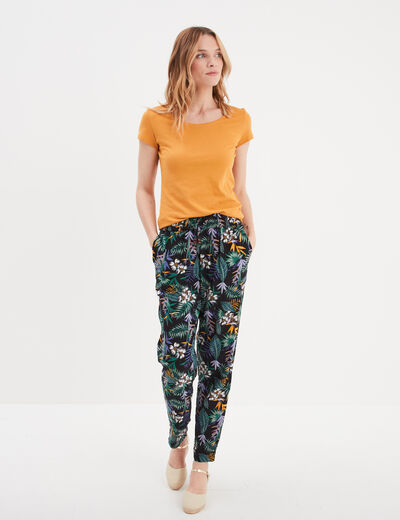 T-shirt coton col rond manches courtes jaune moutarde femme