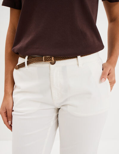 Pantalon chino 7/8&egrave;me ceinture tress&eacute;e ecru femme