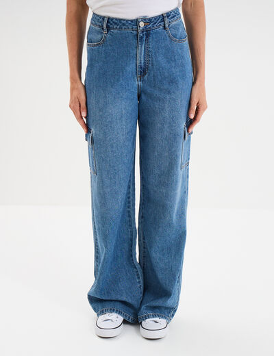 Jeans cargo large coton denim stone femme