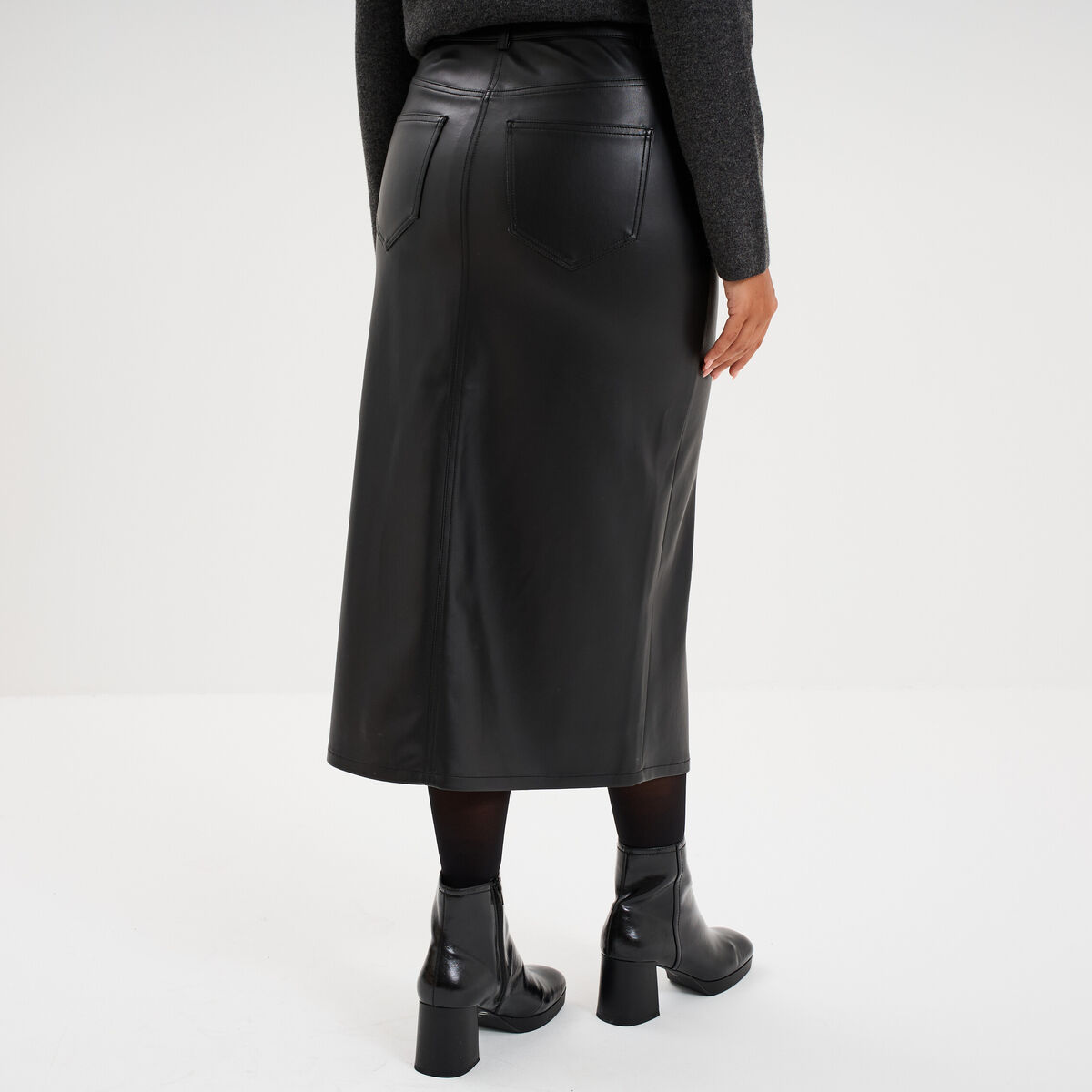 Jupe longue fendue en simili cuir noir femme