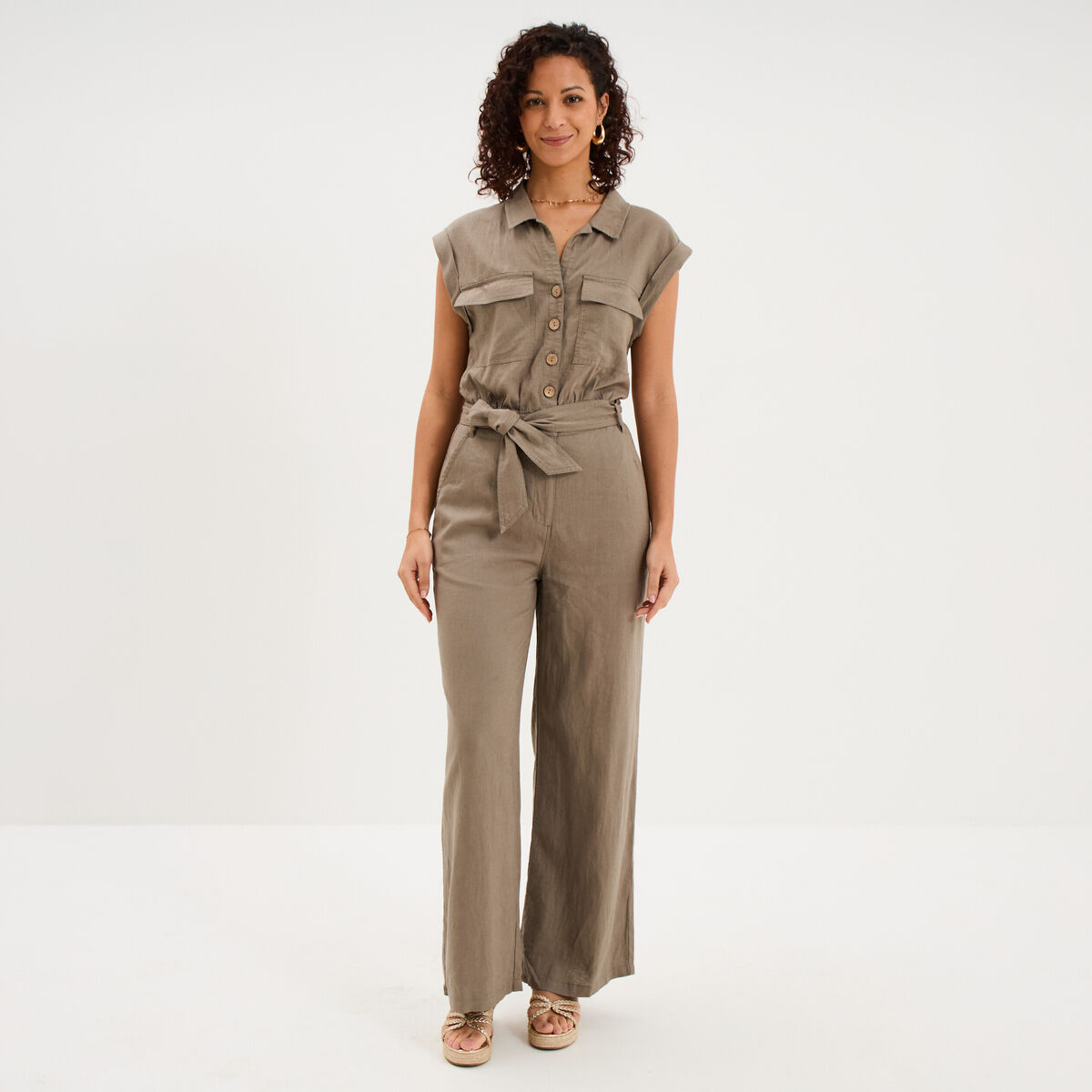 Combinaison pantalon lin m&eacute;lang&eacute; vert kaki femme