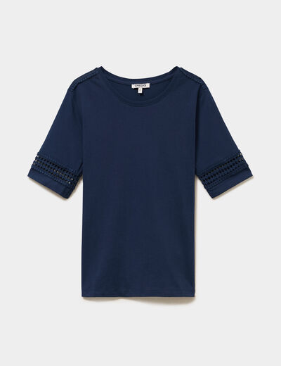 T-shirt avec broderie col rond coton bleu marine femme