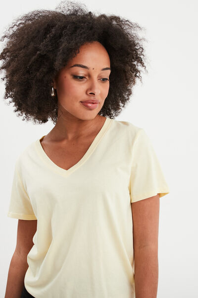 T-shirt manches courtes col en V coton jaune clair femme