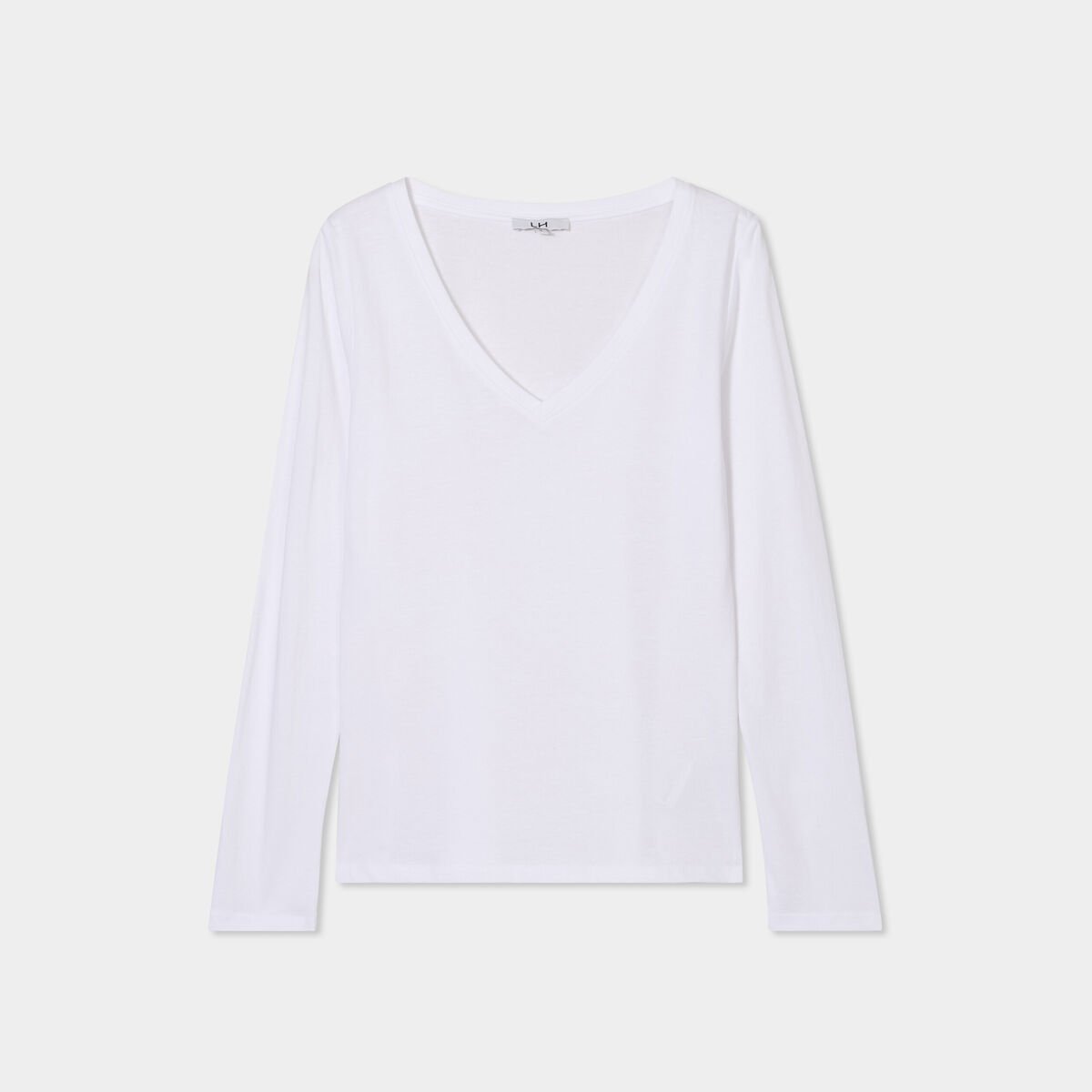 T-shirt col en V manches longues coton blanc femme