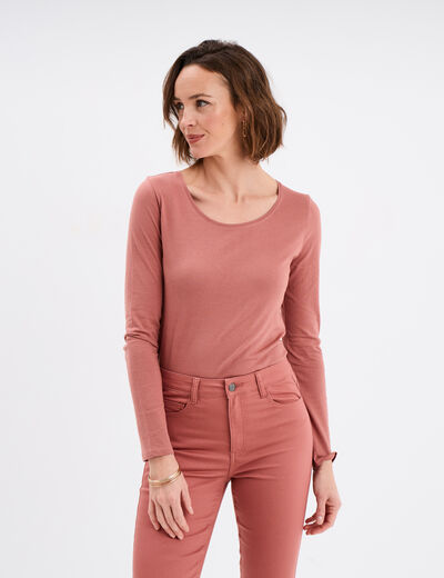 T-shirt coton col rond manches longues vieux rose femme