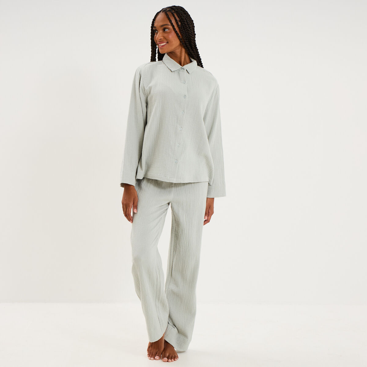 Ensemble pyjama chemise gaze de coton vert clair femme