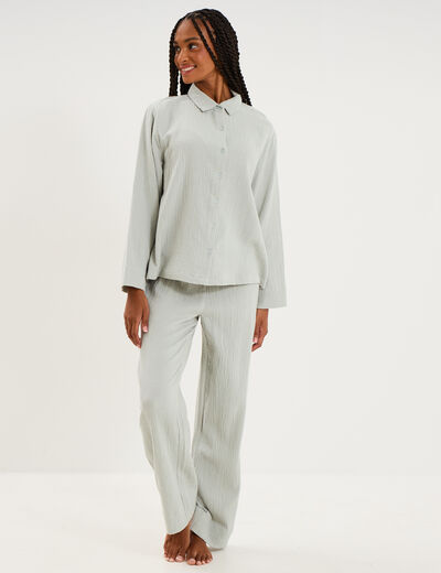 Ensemble pyjama chemise gaze de coton vert clair femme