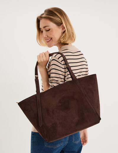 Sac cabas grand format zipp&eacute; marron fonc&eacute; femme