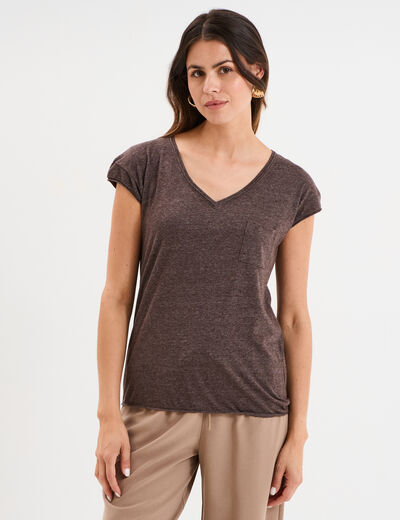T-shirt col v poche poitrine marron fonc&eacute; femme