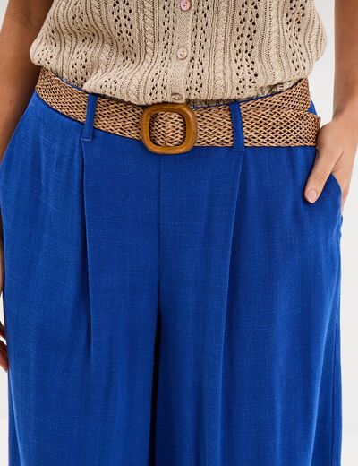 Pantalon large &agrave; pinces ceinture tress&eacute;e bleu electrique femme
