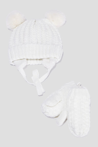 Ensemble bonnet et moufles ivoire bébé fille