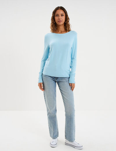 Pull col rond boutons aux poignets bleu clair femme