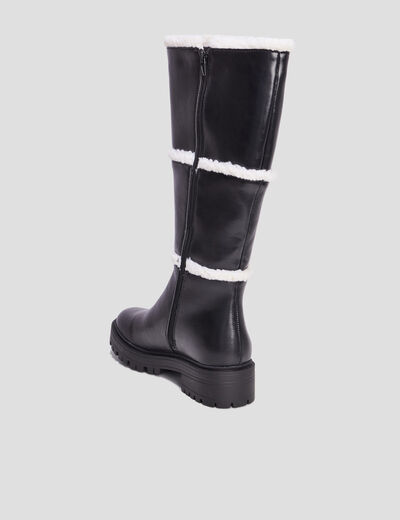 Bottes bandes fausse laine mouton noir femme