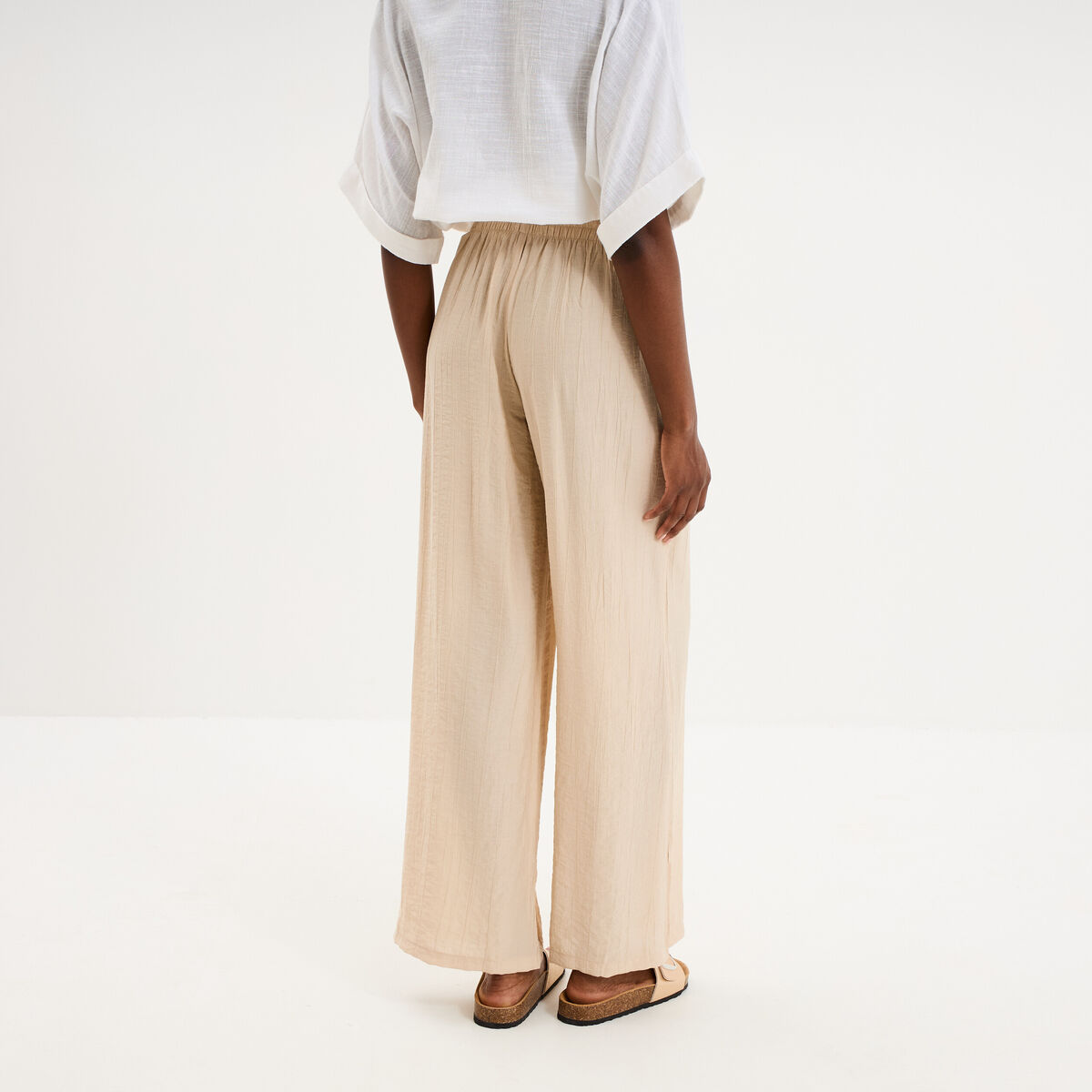 Pantalon large fluide taille &eacute;lastiqu&eacute;e beige femme