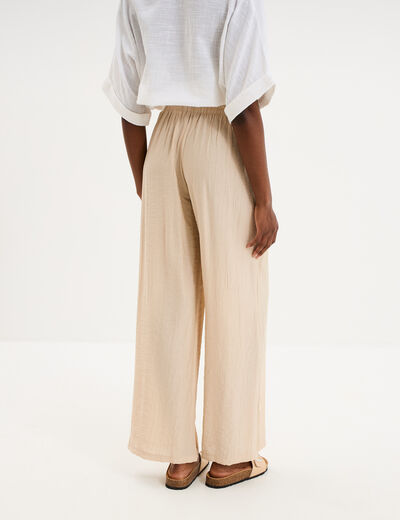 Pantalon large fluide taille &eacute;lastiqu&eacute;e beige femme