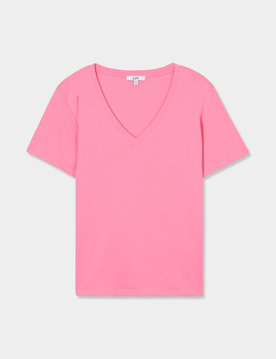 T-shirt manches courtes col en V coton rose femme