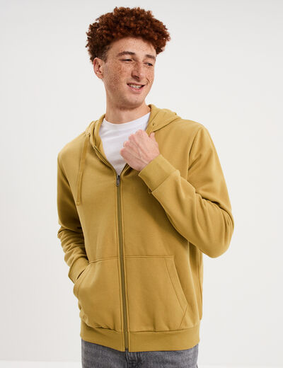Sweat zipp&eacute; molleton &agrave; capuche vert kaki homme