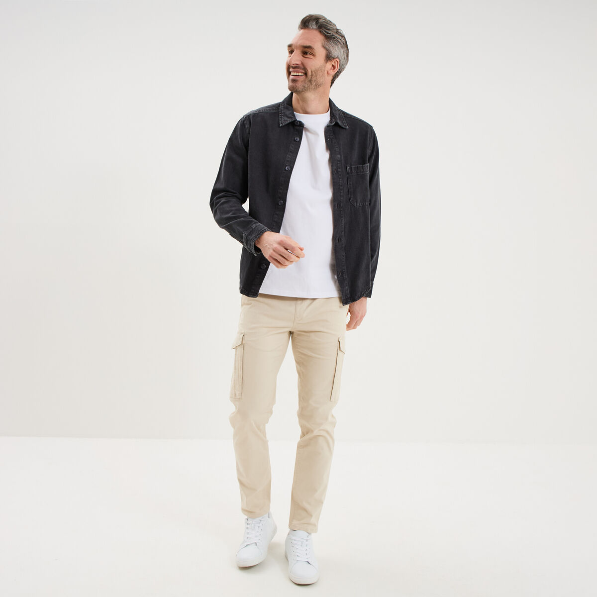 Surchemise en jean coton d&eacute;lav&eacute; gris fonc&eacute; homme