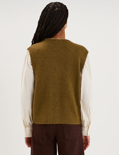 Gilet sans manches col V boutonn&eacute; vert olive femme
