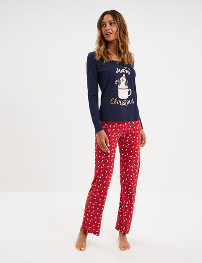Ensemble pyjama pantalon t-shirt No&euml;l bleu marine femme