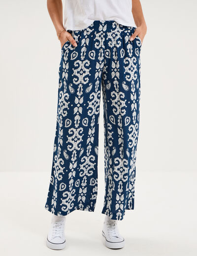 Pantalon fluide large taille &eacute;lastiqu&eacute;e bleu marine femme