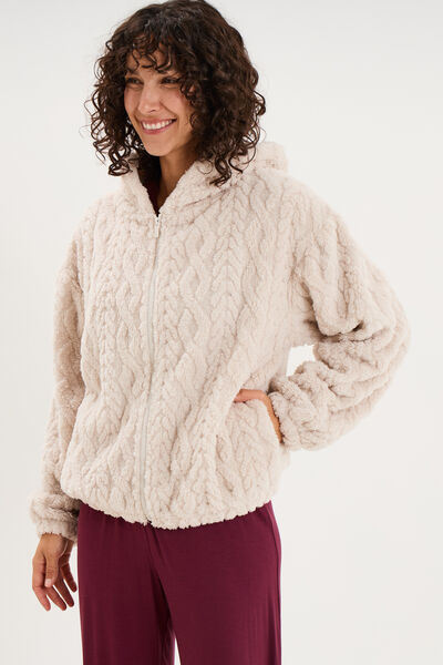 Veste fausse fourrure &agrave; capuche gris clair femme