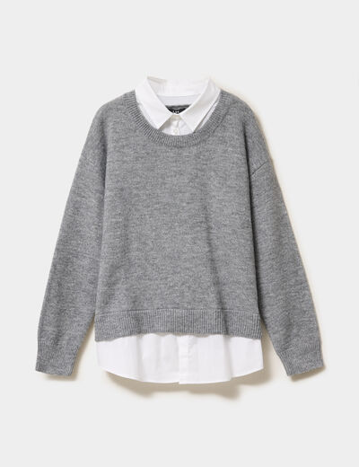 Pull effet 2-en-1 chemise gris clair femme