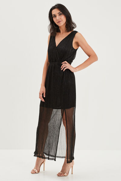 Robe longue fils métallisés à bretelles noir femme
