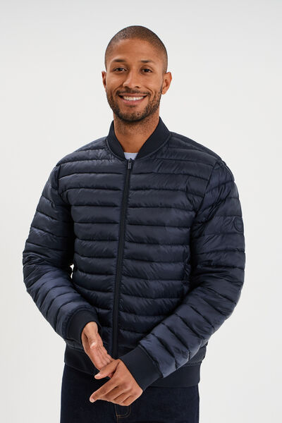 Doudoune l&eacute;g&egrave;re d&eacute;perlante col teddy bleu marine homme