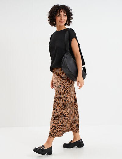 Jupe effet satin midi évasée camel femme