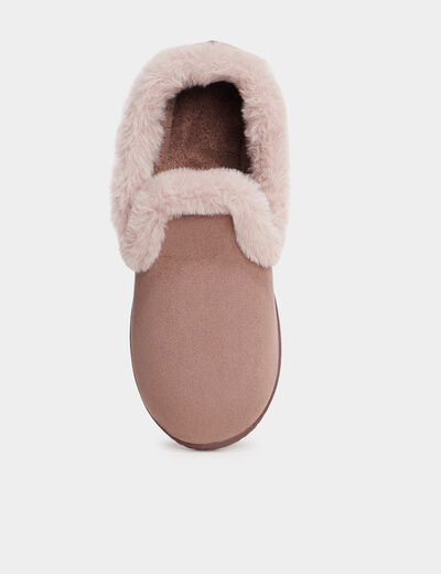 Chaussons fausse fourrure anti-d&eacute;rapants taupe femme