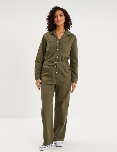 Combinaison pantalon ceintur&eacute;e coton vert kaki femme