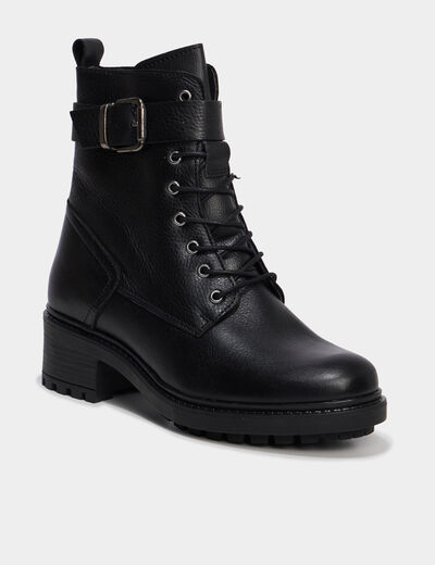 Boots crantées à lacets en cuir noir femme