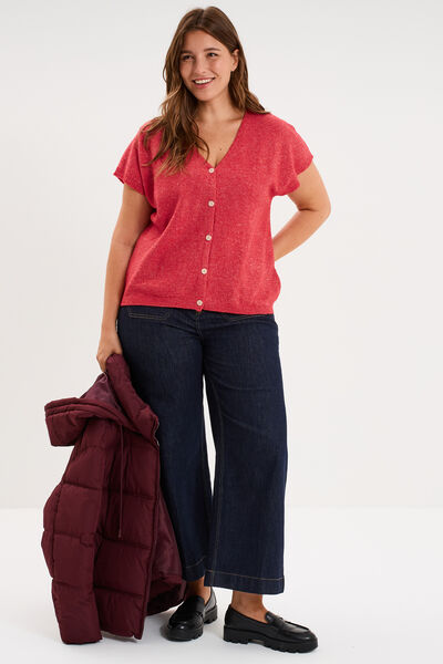 Gilet manches courtes boutonn&eacute; col V rose cerise femme grande taille
