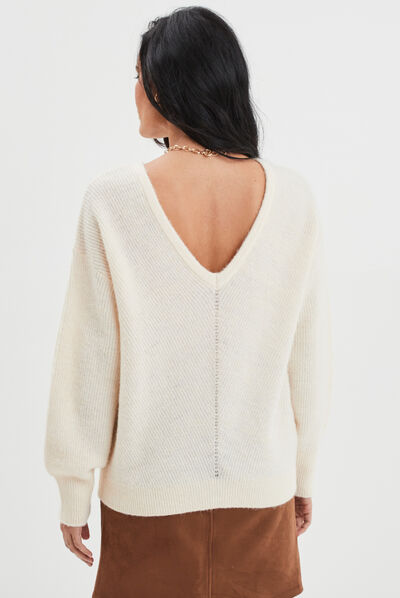 Pull réversible dos col en V creme femme