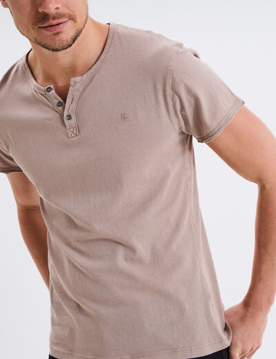 T-shirt col tunisien manches courtes marron homme
