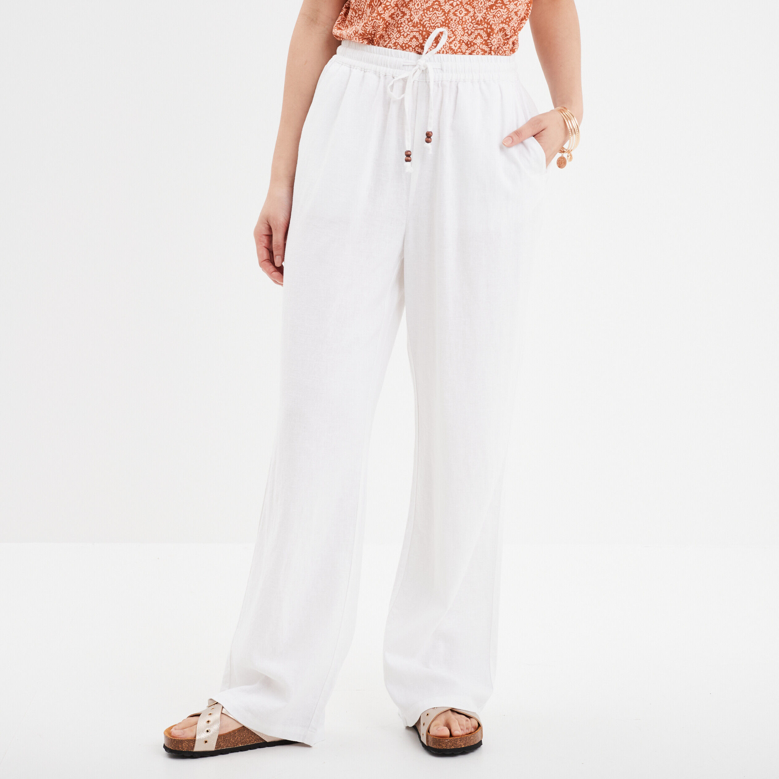 Pantalon mélange lin taille élastiquée blanc femme LH